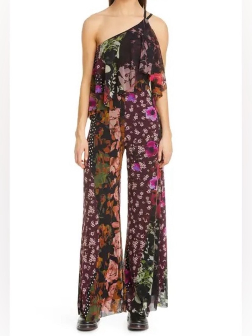 FUZZI one shoulder floral mesh-jumpsuit, small fixable flaw at strap